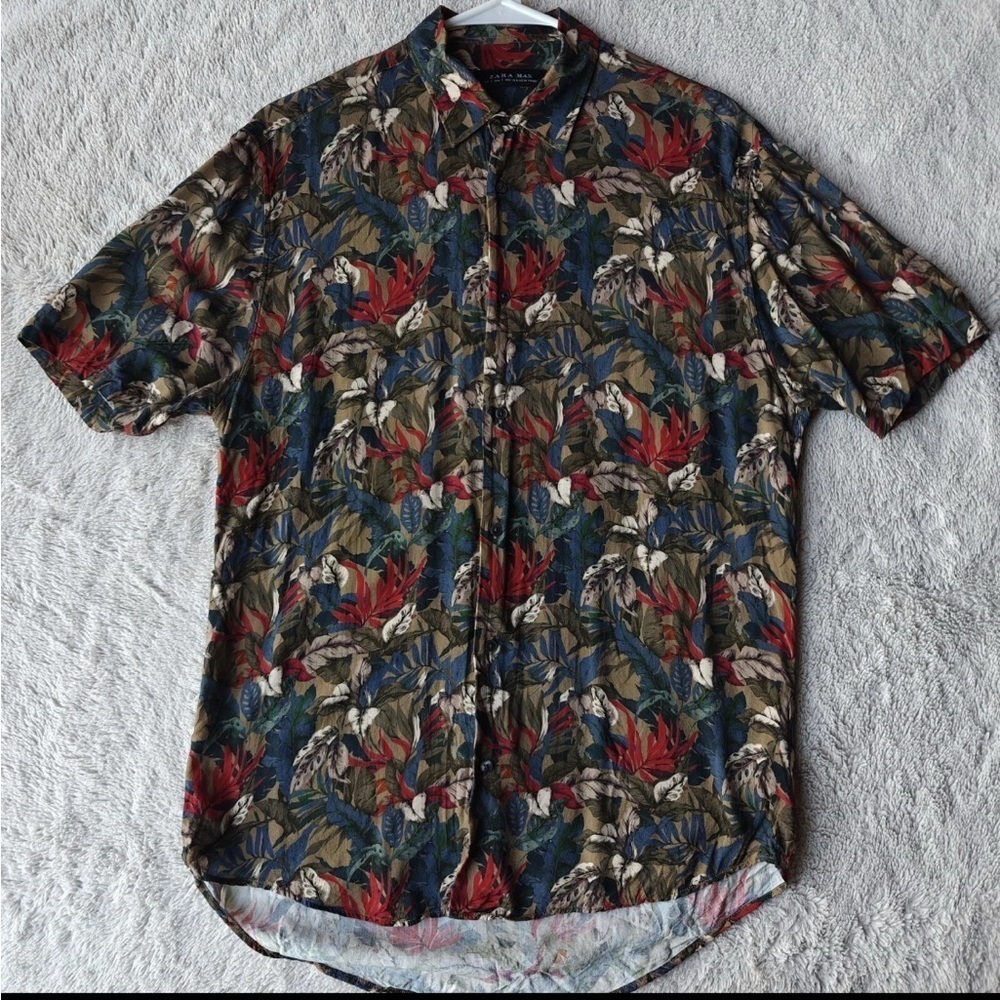 Zara Man Short Sleeve Shirt Men's L Vacation Hawaiian Floral Tropical